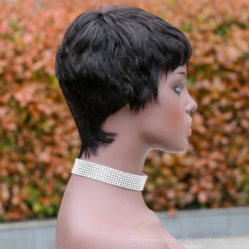 Human Hair Short Pixie Cut Wigs with Bangs Short Black Layered Wavy Wigs for Women Finer wave Hair Wig